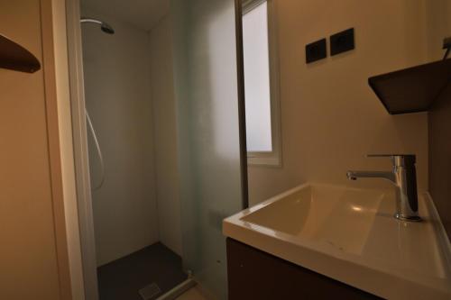 een badkamer met een wastafel en een douche bij Vertacoflav in Carry-le-Rouet