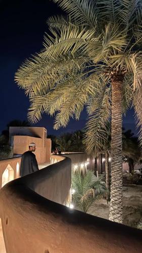 a palm tree is lit up at night at Al Tanoor House in Nizwa