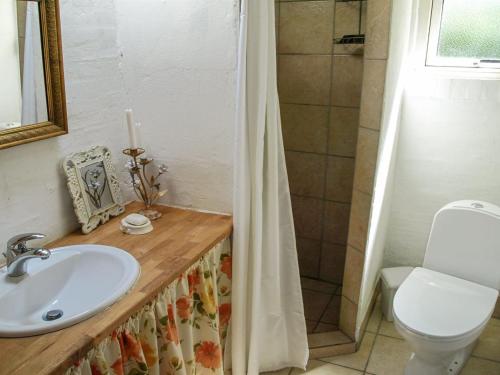 a bathroom with a sink and a toilet and a shower at Holiday Home Laurine - 2-7km from the sea by Interhome in Jerup