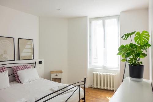 a bedroom with a bed and a potted plant at Bel Appartement à Orléans - Le Nid de L'ours - Unique refuge in Orléans