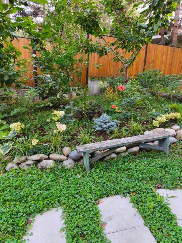 a garden with a wooden bench in the grass at Tskneti in Tsqnetʼi