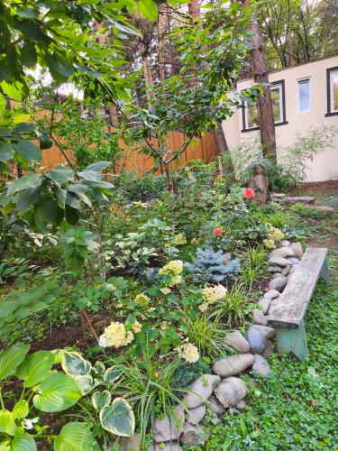 a garden with a bench and some plants at Tskneti in Tsqnetʼi