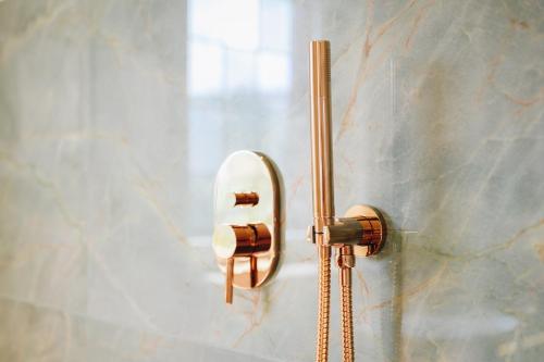 a shower with a phone on a wall at Boutiquehotel Kloster Pfalzel in Trier
