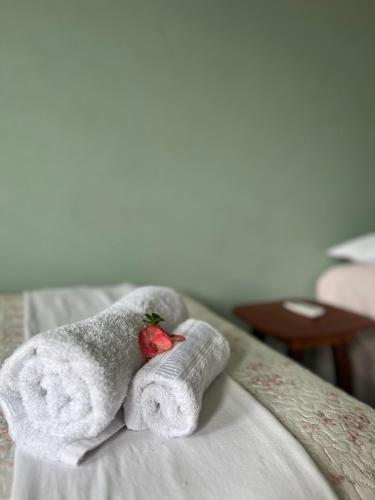 a towel animal sitting on top of a bed at Pousada Ondas do Vento in Tatajuba
