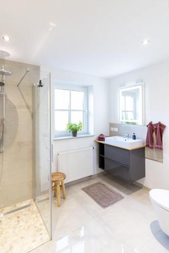 a bathroom with a sink and a shower at Ferienwohnung Steuerwald in Bobenheim am Berg