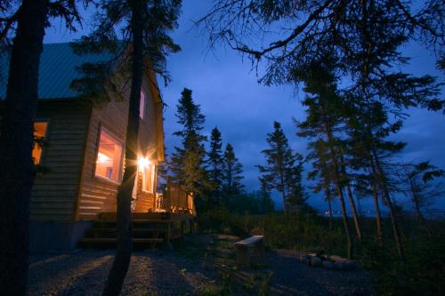 a cabin in the woods at night with the lights on at Chalets du bout du monde in Gaspé