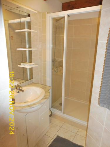ein Badezimmer mit Waschbecken und Dusche in der Unterkunft Les Alizes in Le Grau-dʼAgde