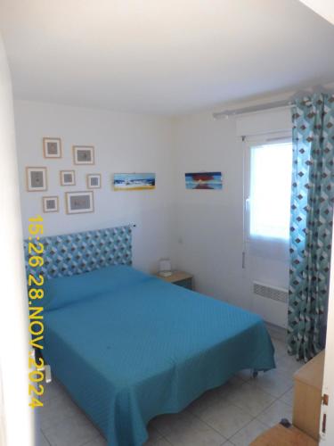 ein Schlafzimmer mit einem blauen Bett und einem Fenster in der Unterkunft Les Alizes in Le Grau-dʼAgde