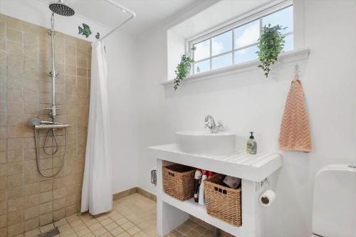a bathroom with a sink and a shower at 70303-Ulfborg-Jagtvejen-4 in Thorsminde