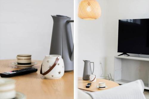 two pictures of a room with a desk with a television at 70099-Ulfborg-Klitrosevej-2 in Thorsminde