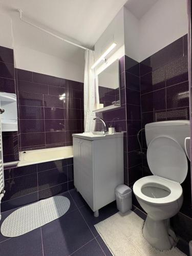 a bathroom with a toilet and a sink and a tub at Comodo Studio in Turda