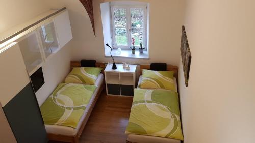 two beds in a small room with a window at Haus Ferdinand in Fernitz