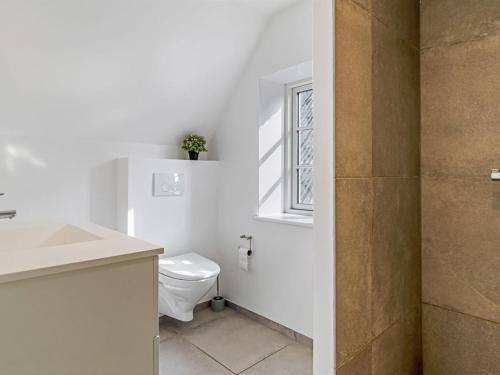 a white bathroom with a toilet and a window at Holiday Home Vinni - 25km from the sea by Interhome in Rødding