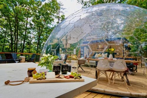a glass dome on a table with a table of food at 1 of a kind! Largest Transparent Luxe Dome in USA! in Forks of Ivy