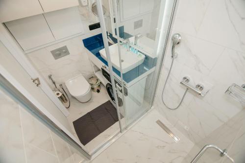 a bathroom with a shower and a toilet and a sink at Batumi River Source in Batumi