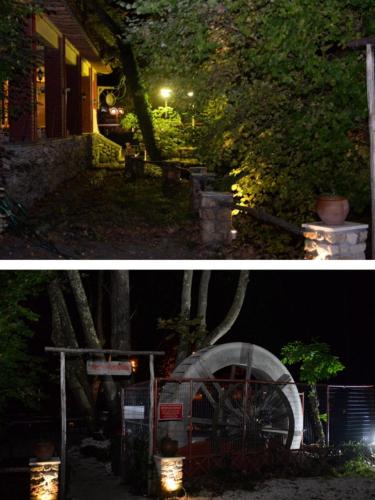 two pictures of a house at night and a street at Margaret's Island Hotel in Naousa Imathias