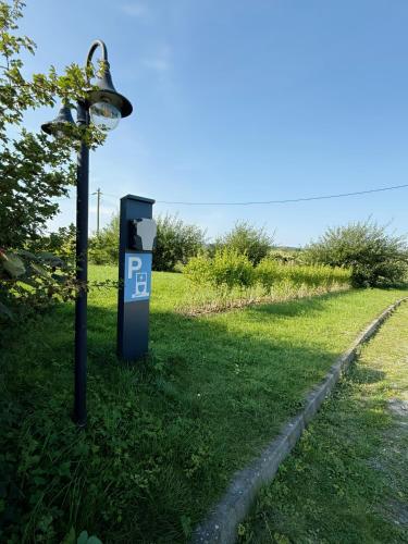 a parking meter sitting in the grass next to a street light at Hotel Nautilus in Putbus