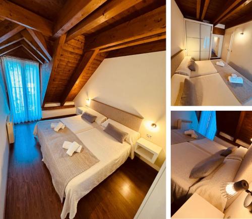 three pictures of a bedroom with two beds in a room at CASA PIXURRI en Lanuza compuesta de 5 apartamentos turísticos en casona pirenaica, a 10 minutos de las ESTACIONES de ESQUÍ de FORMIGAL-PANTICOSA in Lanuza