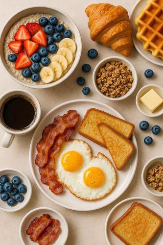 a table with a plate of breakfast food with eggs and bacon at Luxury Hotel Saigon in Ho Chi Minh City
