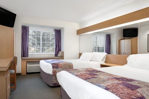 Microtel Inn & Suites by Wyndham Mankato في مانكاتو: غرفة فندقية بسريرين ونافذة