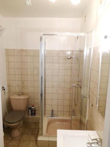 a bathroom with a shower and a tub and a toilet at RdC-villa_2Pieces 35m2_domine la plaine entre NIMES_CEVENNES_MER in Calvisson