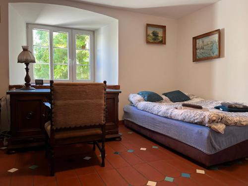 ein Schlafzimmer mit einem Bett, einem Schreibtisch und einem Fenster in der Unterkunft Apartamenty u Natana in Krzeszów