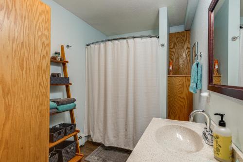 a bathroom with a shower curtain and a sink at Juneau Apartment - Minutes to Mendenhall Glacier in Juneau