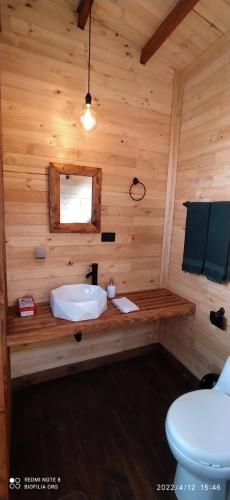 a wooden bathroom with a sink and a toilet at Biofilia Colombia in Tausa Viejo
