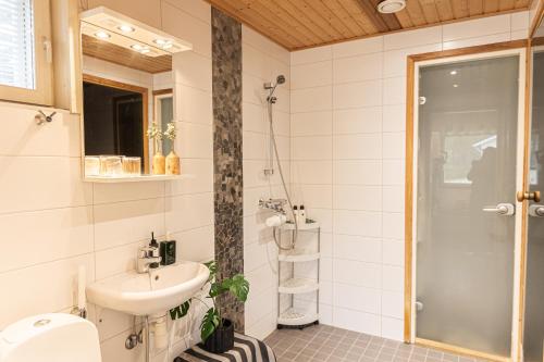 a bathroom with a sink and a shower at Northern Lights Kota Stay By BookLapland in Rovaniemi