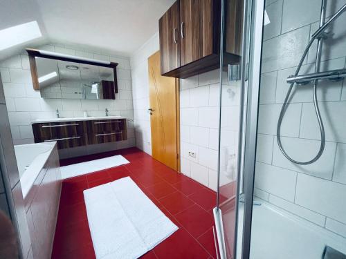 a bathroom with a shower and a red tile floor at Traumblick bis 8 Gäste und schlossnah in Halblech