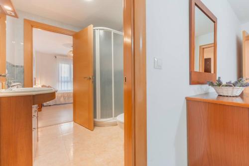 a bathroom with a shower and a sink and a mirror at Apartamento Aires del Jiloca en Cella in Cella
