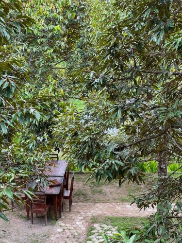 a wooden table and benches under a tree at Pesona 361 Alam Bungalows in Rarang