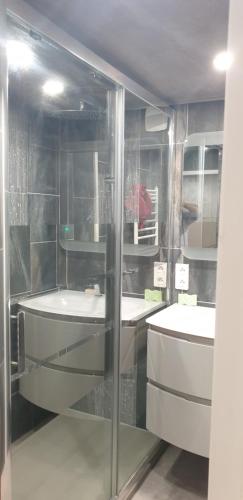 a bathroom with two sinks and a glass wall at Séjour confortable sur péniche luxueuse in Brouckerque