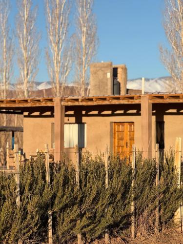 a house behind a fence with trees in the foreground at Rancho Raíz in Barreal