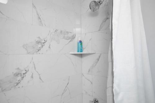 a bathroom with a shower with a blue toothbrush on a shelf at 4th St Little Blue in Bham in Graymont