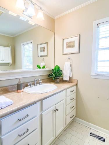 a bathroom with a sink and a mirror at Bonita Bungalow in Huntsville