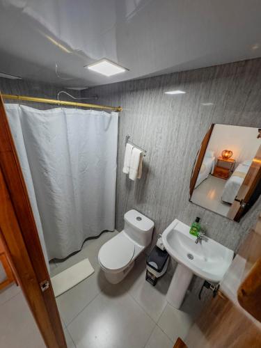 a bathroom with a toilet and a sink and a mirror at Galapagos Dreams in Puerto Ayora