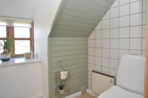 a bathroom with green and white walls and a toilet at 20038-Ulfborg-Knakvej-8 in Vedersø Klit