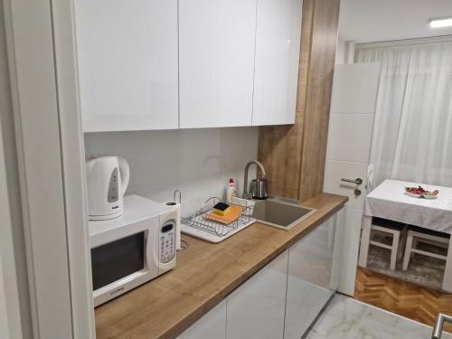 un comptoir de cuisine avec un micro-ondes et un évier dans l'établissement Apartman Leskovac, à Leskovac