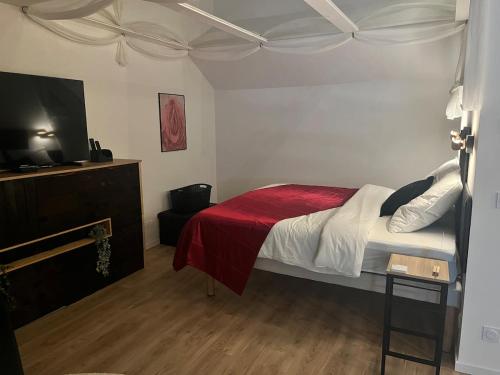 une chambre avec un lit et une télévision à écran plat dans l'établissement La Maison Du Plaisir Loveroom Pontorson, à Pontorson