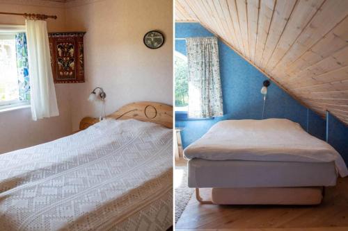 two pictures of a bedroom with a bed and a attic at OGO706-Valdemarsvik-Langradna-Mon-3 in Skeppsgården