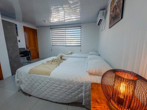 a bedroom with a large white bed and a table at Galapagos Dreams in Puerto Ayora