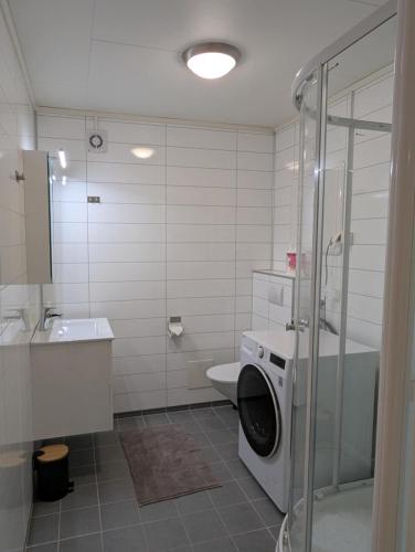 a bathroom with a toilet and a washing machine at Central Station Retreat in Narvik