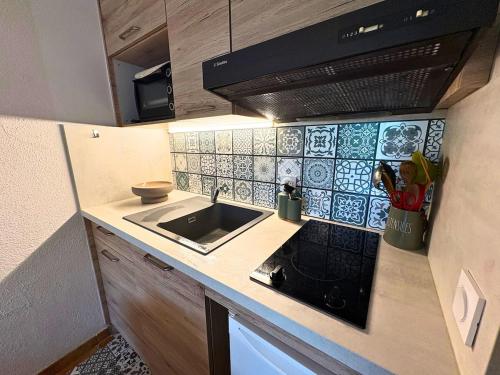 a kitchen with a sink and a counter top at Refuge nature avec vue panoramique La Preste in Prats-de-Mollo-la-Preste