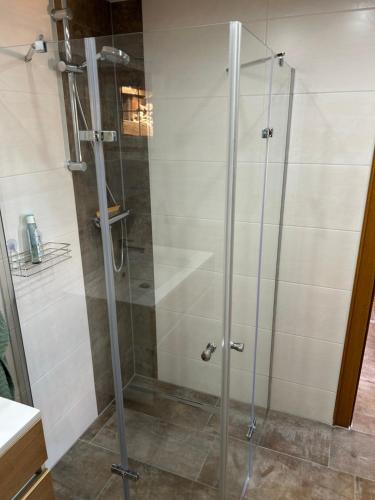 a shower with a glass door in a bathroom at Panoramablick Hütte in Scheifling