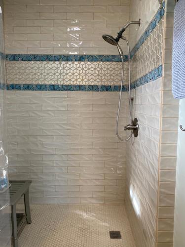 a bathroom with a shower with white tiles at Lupine Cottage - Alaska at your doorstep! in Palmer