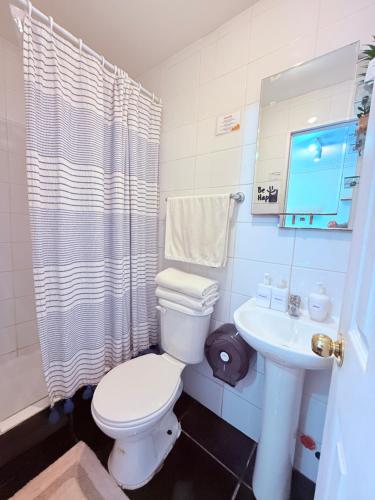 a bathroom with a white toilet and a sink at MAKTVB Costanera - Hostal Boutique in Santiago