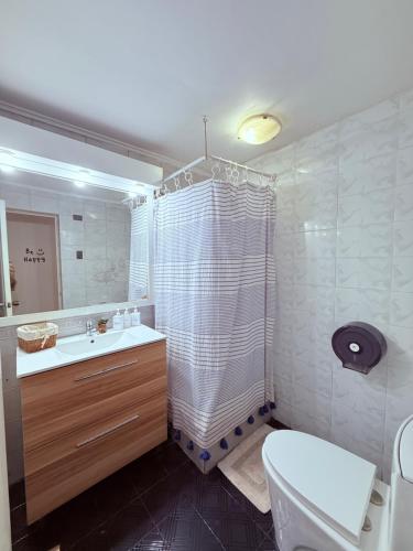 a bathroom with a shower and a sink and a toilet at MAKTVB Costanera - Hostal Boutique in Santiago