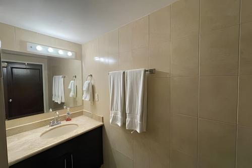 a bathroom with a sink and a mirror and towels at Villa Dorada in Cabo San Lucas