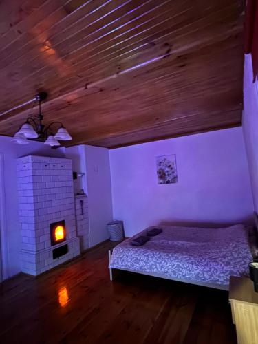 a bedroom with a bed and a brick fireplace at Domek nad rzeką in Zatory